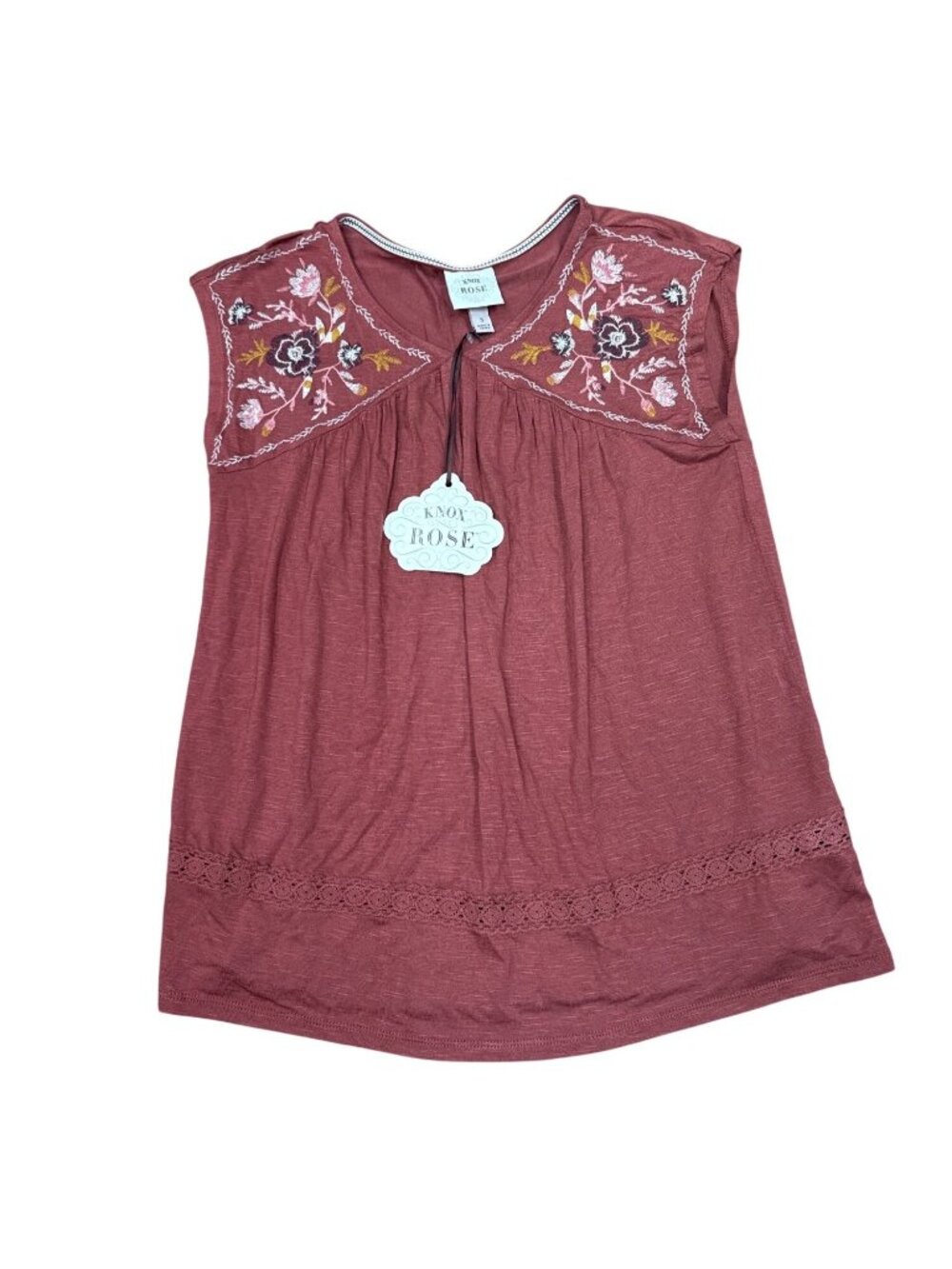 Knox Rose Embroidered Sleeveless Top Small Rayon/Spandex Blend Burgundy Boho Sty